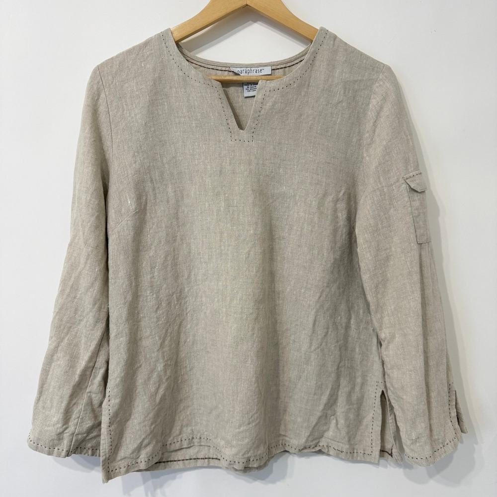 Paraphrase 100% Linen V-Neck Long Sleeve Top Womens 10 Beige Minimalist‎ Casual